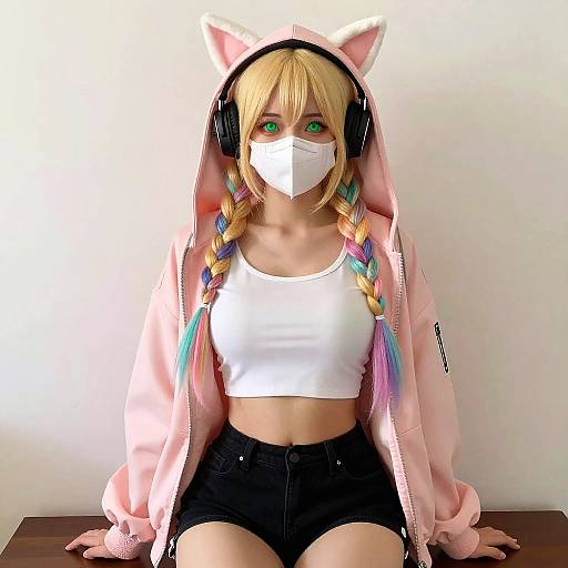 Cosplay Girl with Pink Hoodie and Multicolored Braids