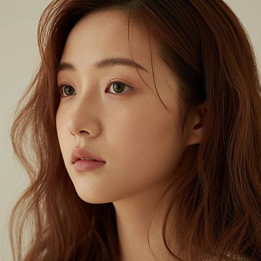 Close-up photograph of a young Asian woman with fair skin, green eyes, and wavy brown hair, gazing thoughtfully to the side. Soft