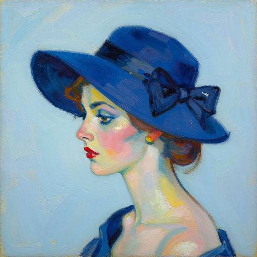 Digital painting of a fair-skinned woman with red lips, blue hat with black bow, and blue dress, in profile against light blue background.