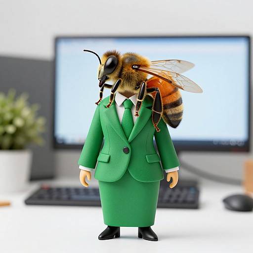 Bee in Vibrant Green Suit at Office