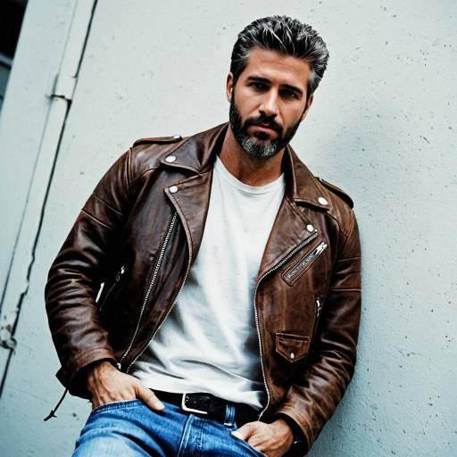 Casual Man in Brown Leather Jacket and Denim Jeans