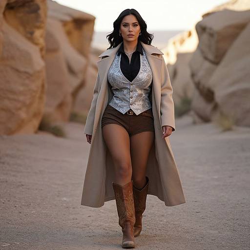 Photograph of a confident woman with dark hair, silver sequin vest, beige coat, brown shorts, and cowboy boots, walking through a desert canyon