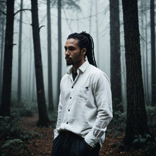 Man with dreadlocks in foggy forest
