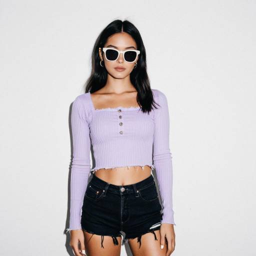 Woman in Lilac Top and Black Denim Shorts