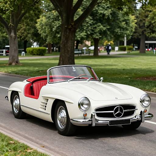 Photograph of a white vintage Mercedes-Benz convertible with red interior driving on a tree-lined road in a park.