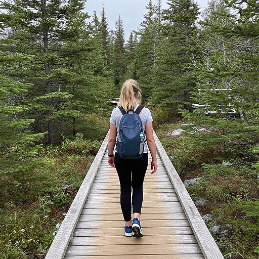 Photograph of a blonde woman with a blue backpack walking on a wooden bridge through a dense, green forest.