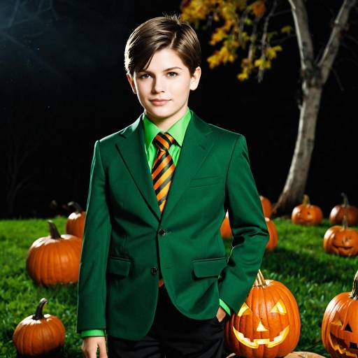 Boy in Green Suit Halloween Costume with Jack-o'-Lanterns