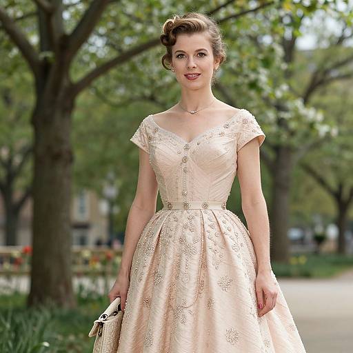 Photograph of a smiling woman in a vintage, cream-colored, lace-embellished, 1950s-style dress, holding a white clutch