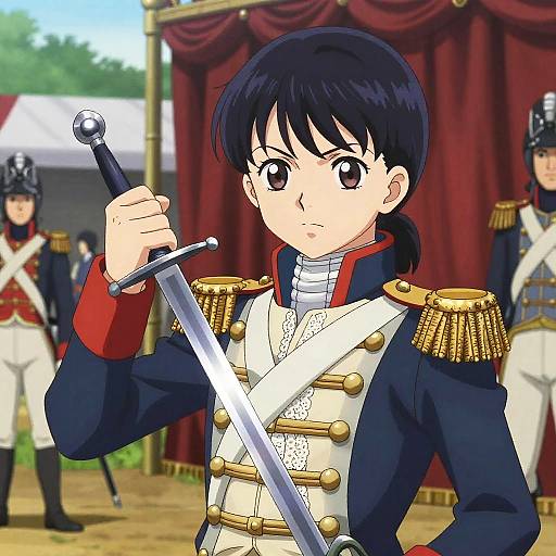 Anime-style illustration of a young woman with black hair, wearing a blue military uniform with gold epaulettes, holding a sword, standing in front