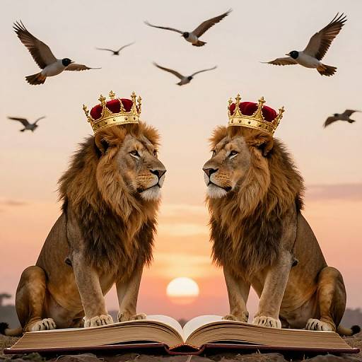 Majestic Crowned Lions with Sunset