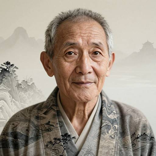Photograph of an elderly Asian man with gray hair, wearing a patterned gray kimono, set against a softly blurred mountain background.