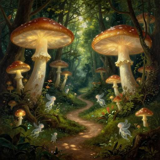 Fantastical forest scene with glowing mushrooms, fairy-like creatures, and a winding path, illuminated by soft, ethereal light. Digital art.