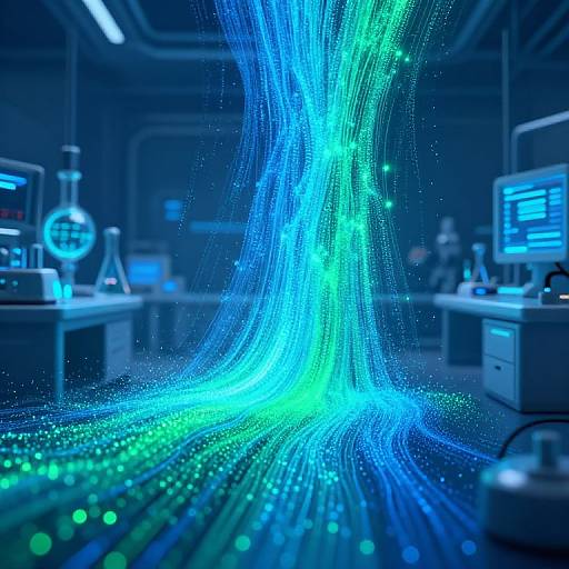 Digital illustration of vibrant blue and green neon lights forming a swirling vortex on a laboratory bench with blurred lab equipment and monitors in the background.