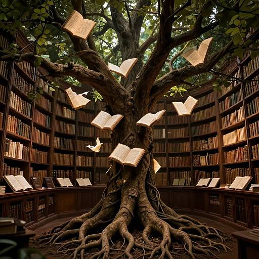 Photograph of a magical library tree with thick, gnarled roots, surrounded by tall bookshelves. Glowing open books float from its branches