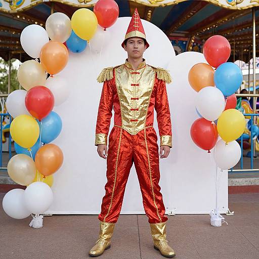 Photograph of a young man in a vibrant red and gold clown outfit with gold boots, standing in front of a white backdrop adorned with colorful balloons,