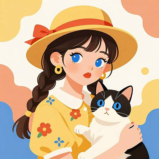Young girl with sunhat holding black and white cat