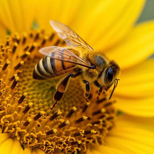 Close-up photograph of a honeybee with striped abdomen, translucent wings, and fuzzy body, perched on a vibrant yellow sunflower.