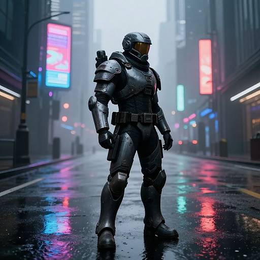 CGI sci-fi scene: armored soldier in futuristic street gear, neon-lit, rainy urban alley, glowing signs, reflective wet pavement.