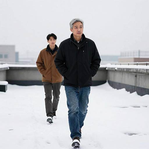 Men Walking on Snowy Rooftop
