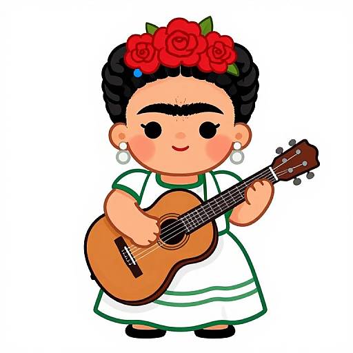 Cartoon illustration of a chubby, smiling Mexican woman with black hair, red rose flower crown, white dress, playing an acoustic guitar.