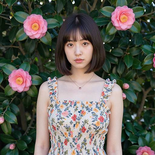 Photograph of an Asian woman with a short black bob, wearing a floral sleeveless dress, standing in front of pink roses and dark green foliage.