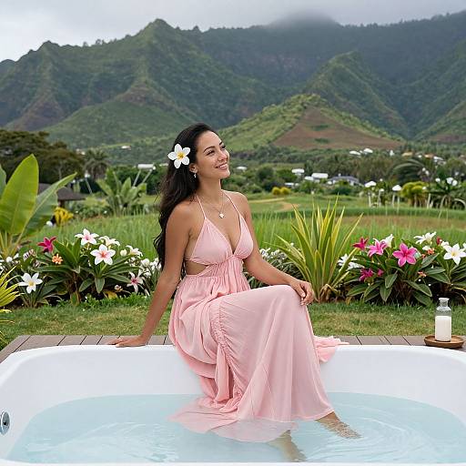Photograph of a smiling woman with dark hair, wearing a pink, halter-neck dress and white flower in her hair, sitting in a white hot