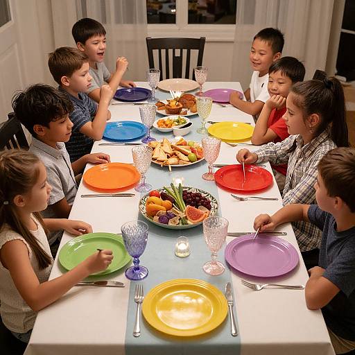 Photograph of seven children, diverse ethnicities, sitting around a white table with colorful plates, eating a meal, in a brightly lit room.