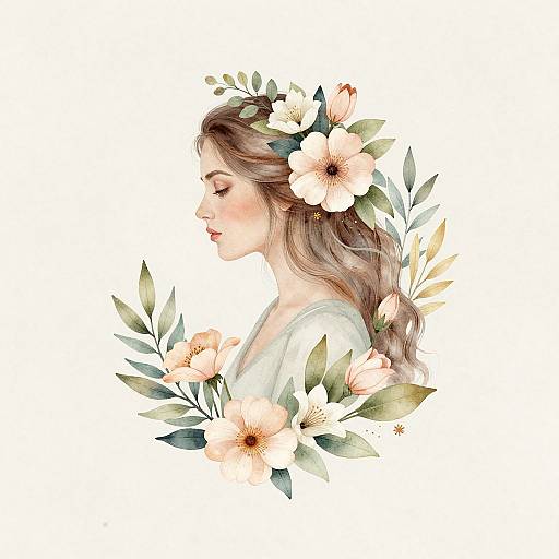 Watercolor illustration of a serene, side-profile woman with wavy brown hair, wearing a white dress, adorned with soft pink flowers and green leaves.