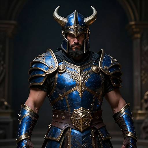 Photograph of a muscular, bearded man in blue and gold medieval armor with horned helmet, standing in a dark, gothic archway.