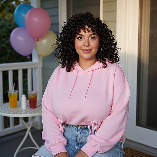 Photograph of a curvy woman with curly black hair, wearing a pink hoodie and blue jeans, sitting on a porch with pastel balloons and drinks