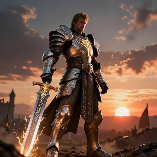 Photorealistic CGI of a muscular knight in ornate silver armor, holding a glowing, sparking sword against a dramatic sunset sky.