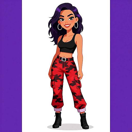 Digital drawing of a smiling woman with dark purple hair, wearing a black crop top, red camo pants, black belt, and boots, standing against