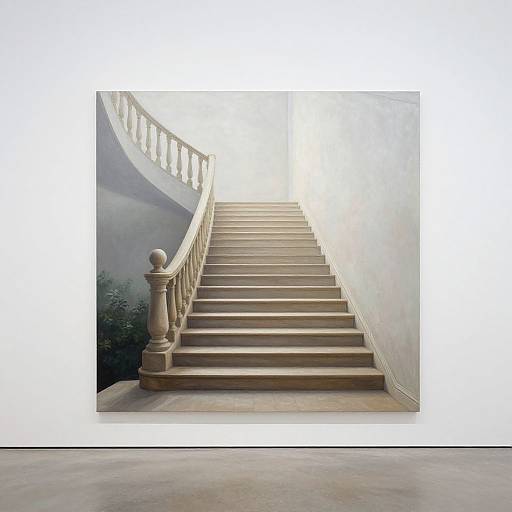 Photograph of a symmetrical, stone staircase with white balusters, leading upwards to a bright, sunlit exit in a minimalist setting.