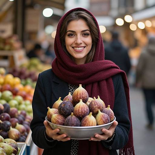 Photograph of a smiling young woman with olive skin, dark brown eyes, and brown hair, wearing a burgundy scarf and black outfit, holding a