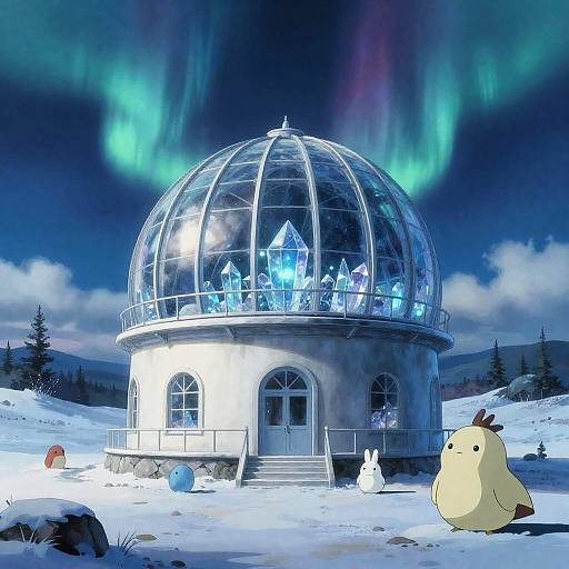 Crystalline Observatory under Aurora in Polar Desert