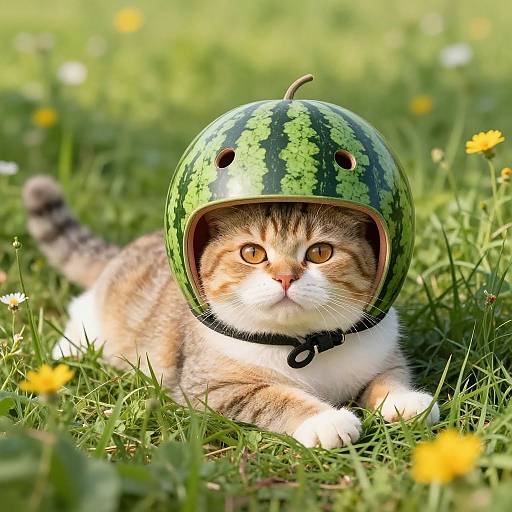 Photograph of a tabby cat with yellow eyes wearing a watermelon helmet, lying on green grass with yellow daisies.