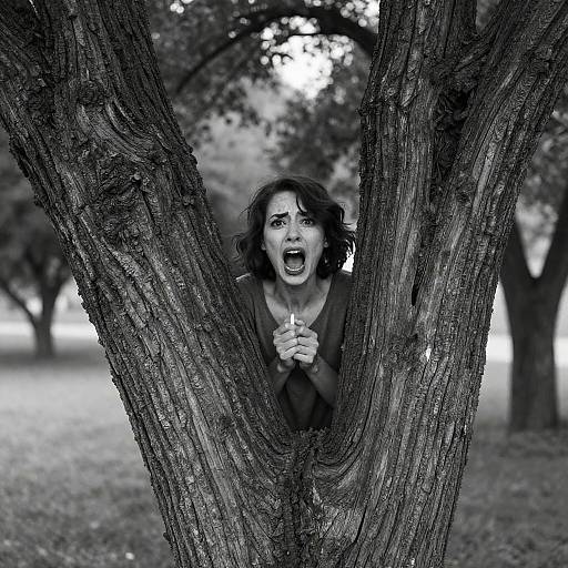 Frightened Woman Behind Twisted Tree