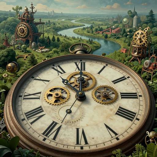 Steampunk clock tower with large, intricate clock face overlooking a lush, winding river valley filled with gears, buildings, and greenery. Photoreal