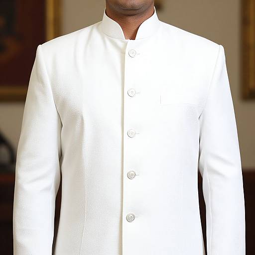 Photograph of a dark-skinned man from the neck down, wearing a pristine white button-up suit with long sleeves, set against a softly blurred,