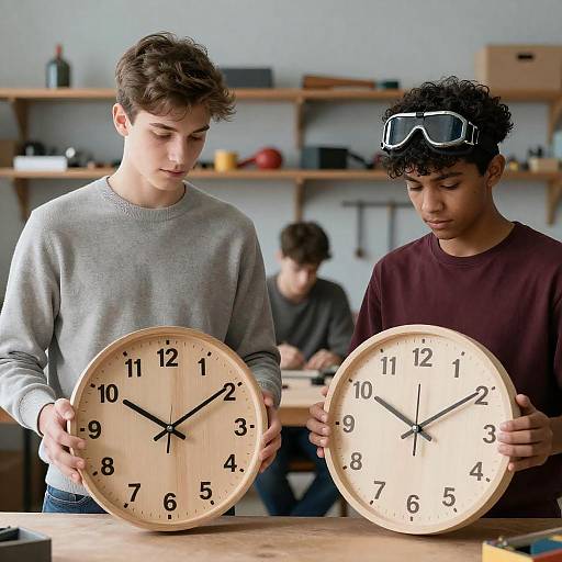 Teenage Boys in Workshop with Clocks