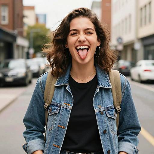 Photograph of a smiling young woman with wavy brown hair, sticking out her tongue, wearing a denim jacket, black shirt, and backpack, standing