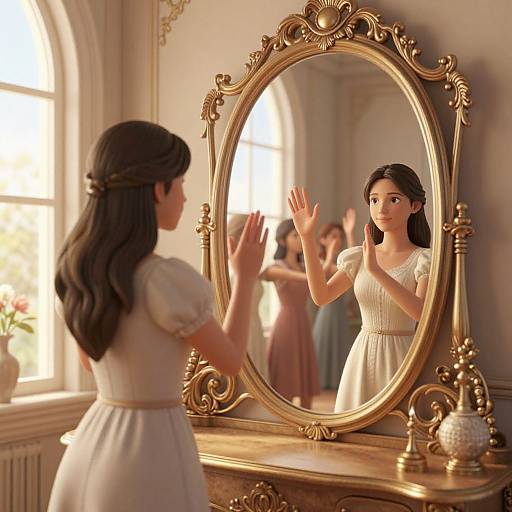 Digital artwork of a young woman with long, dark hair, wearing a white dress, admiring herself in an ornate, gold-framed mirror in