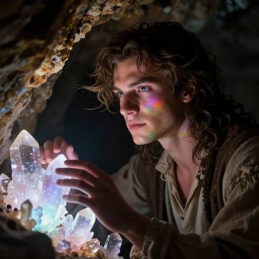 Photograph of a young man with curly brown hair, blue eyes, and a serious expression, holding glowing crystals in a dark cave. Multicolored