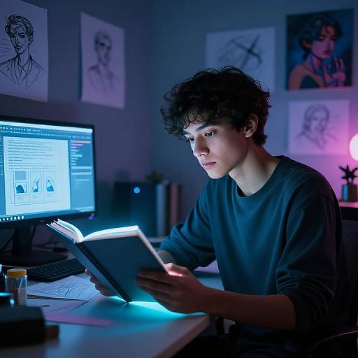 Photograph of a young man with curly hair, wearing a black sweater, intently reading a book in a dimly lit, blue-tinged