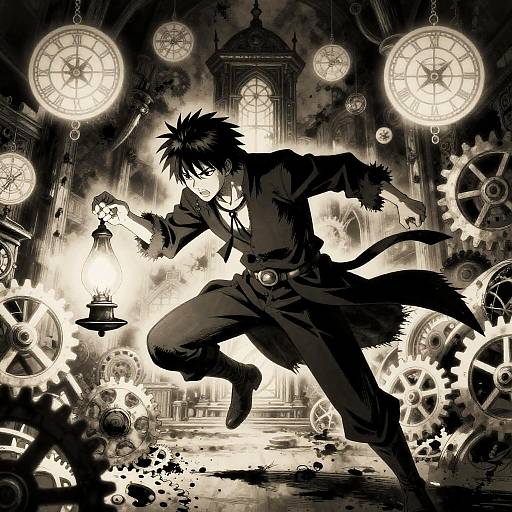 Clockwork Alchemist in Ink-Shadowed Tower