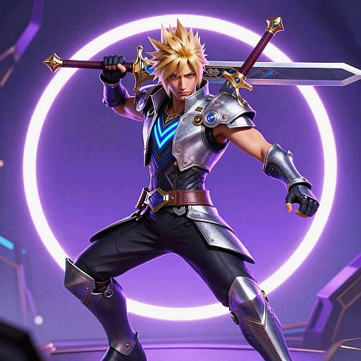 Digital artwork of spiky blonde-haired warrior in silver armor, holding a sword, in dynamic pose with glowing purple circular background.