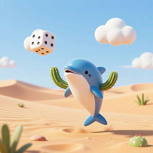 Digital cartoon of a blue dolphin with cactus arms, floating in a desert, rolling a white dice with black dots.