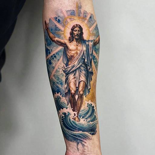 Photograph of a detailed tattoo on a human forearm depicting Jesus Christ with outstretched arms, halo, and flowing white cloth, standing on waves,