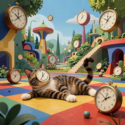 Cartoon cat with striped fur lounges on colorful checkerboard floor surrounded by floating vintage clocks in whimsical, vibrant outdoor garden.