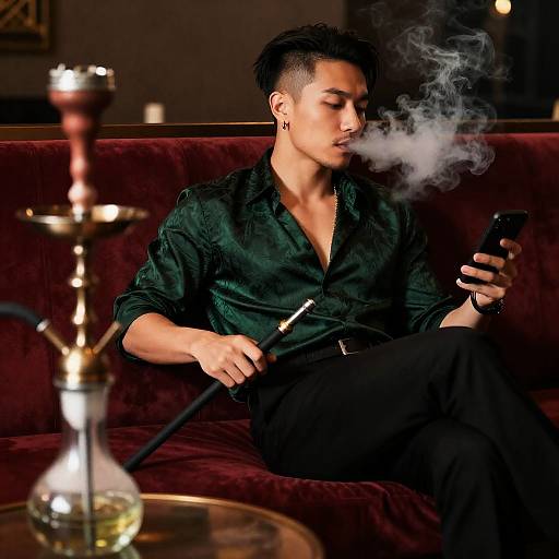 Relaxed Man Smoking Shisha in Lounge